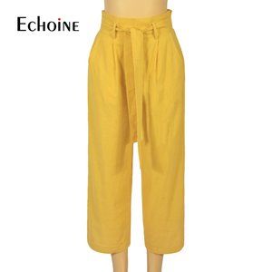 Cotton Linen women high waist wide leg pants summe